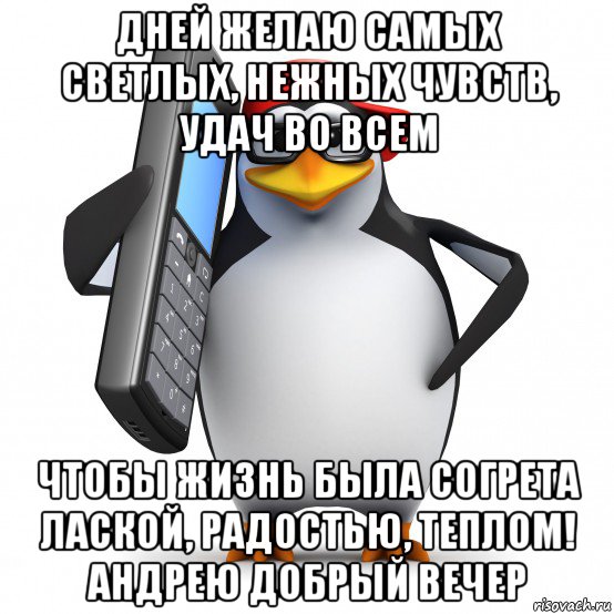 дней желаю самых светлых, нежных чувств, удач во всем чтобы жизнь была согрета лаской, радостью, теплом! андрею добрый вечер