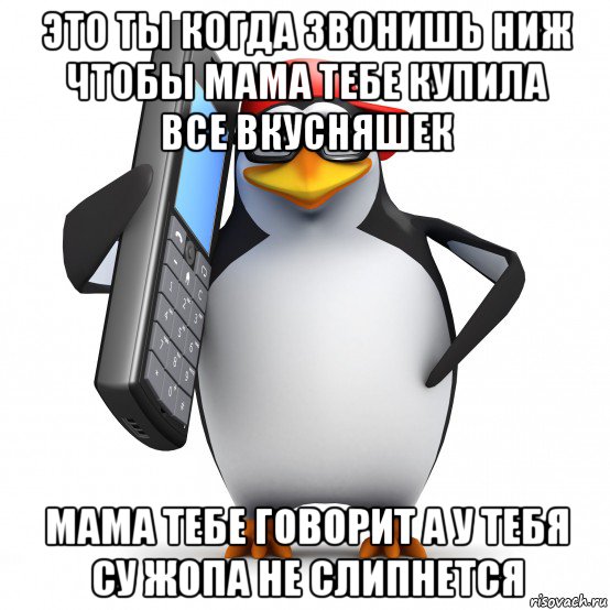 это ты когда звонишь ниж чтобы мама тебе купила все вкусняшек мама тебе говорит а у тебя су жопа не слипнется, Мем   Пингвин звонит