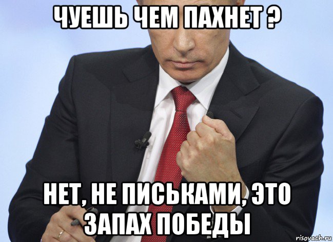чуешь чем пахнет ? нет, не письками, это запах победы, Мем Путин показывает кулак