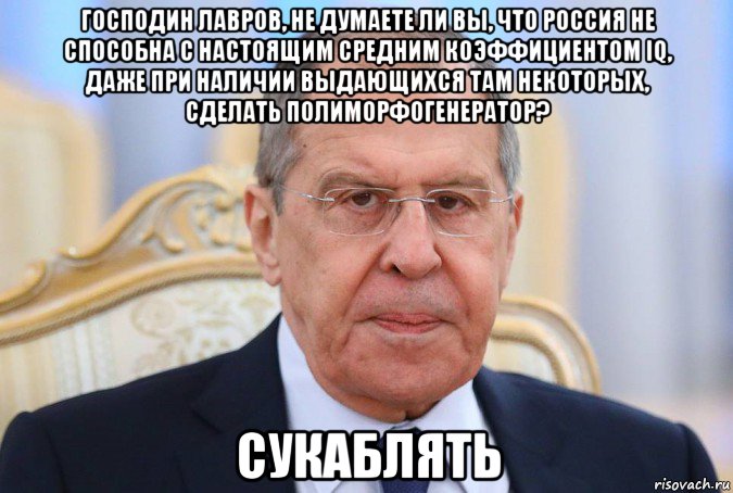 господин лавров, не думаете ли вы, что россия не способна с настоящим средним коэффициентом iq, даже при наличии выдающихся там некоторых, сделать полиморфогенератор? сукаблять, Мем Сергей Лавров