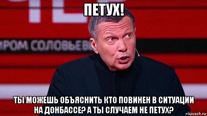 петух! ты можешь объяснить кто повинен в ситуации на донбассе? а ты случаем не петух?, Мем Воскресный вечер с Владимиром Соловьёвым