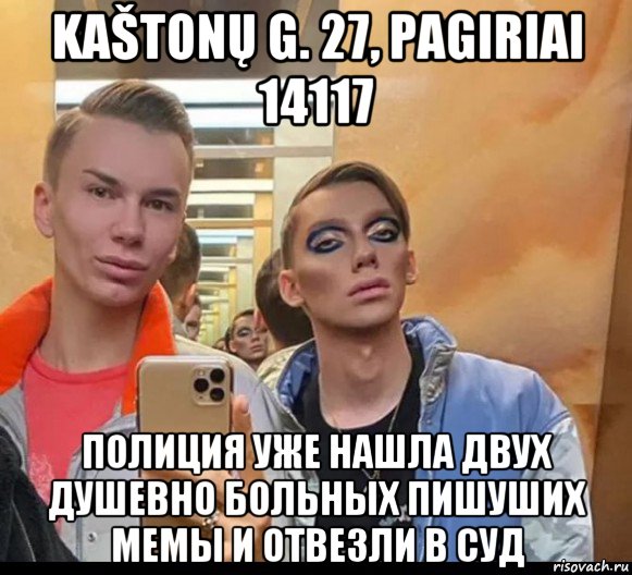 kaštonų g. 27, pagiriai 14117 полиция уже нашла двух душевно больных пишуших мемы и отвезли в суд, Мем Два пидораса