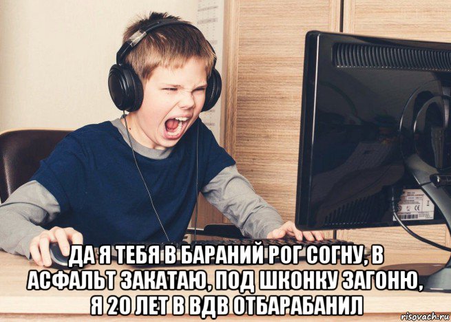  да я тебя в бараний рог согну, в асфальт закатаю, под шконку загоню, я 20 лет в вдв отбарабанил, Мем Геймеры в ярости