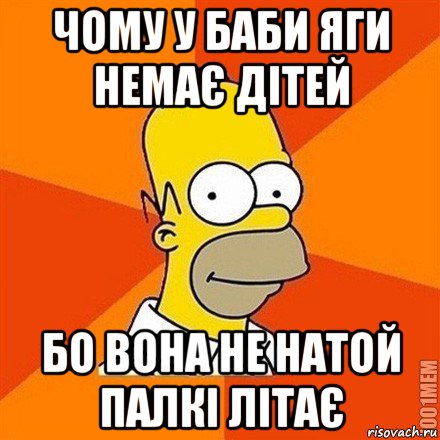 чому у баби яги немає дітей бо вона не натой палкі літає, Мем Гомер adv