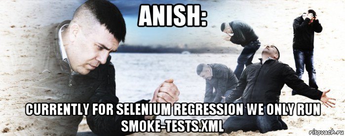 anish: currently for selenium regression we only run smoke-tests.xml, Мем Мужик сыпет песок на пляже