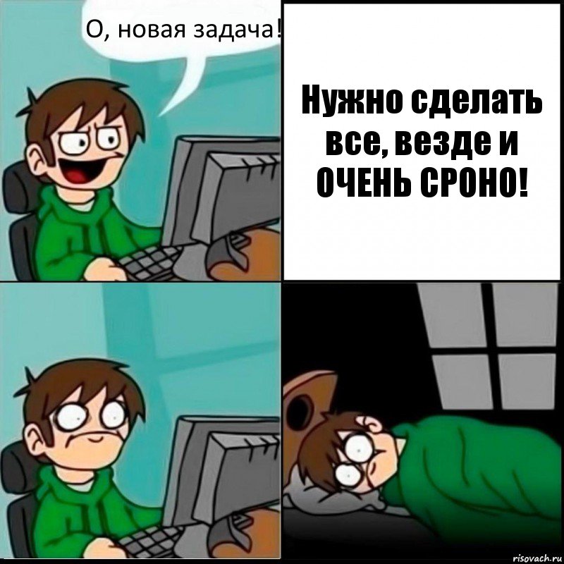 О, новая задача! Нужно сделать все, везде и ОЧЕНЬ СРОНО!