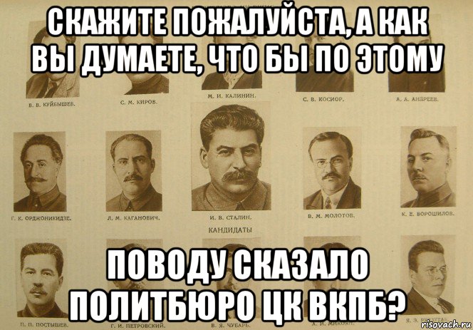 скажите пожалуйста, а как вы думаете, что бы по этому поводу сказало политбюро цк вкпб?, Мем Политбюро ЦК КПСС