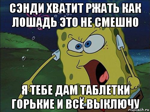 сэнди хватит ржать как лошадь это не смешно я тебе дам таблетки горькие и всё выключу, Мем Спанч боб