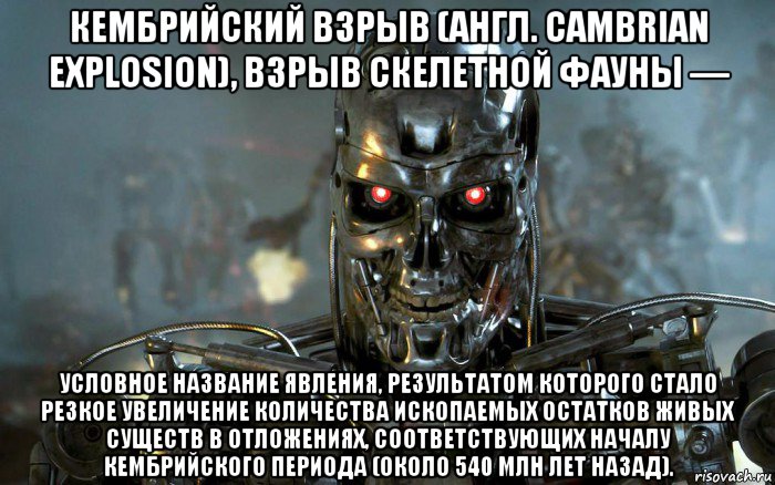 кембрийский взрыв (англ. cambrian explosion), взрыв скелетной фауны — условное название явления, результатом которого стало резкое увеличение количества ископаемых остатков живых существ в отложениях, соответствующих началу кембрийского периода (около 540 млн лет назад)., Мем Терминатор