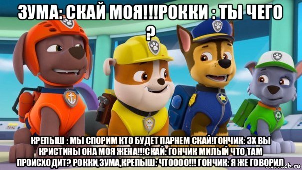 зума: скай моя!!!рокки : ты чего ? крепыш : мы спорим кто будет парнем скай!гончик: эх вы кристины она моя жена!!!скай: гончик милый что там происходит? рокки,зума,крепыш: чтоооо!!! гончик: я же говорил