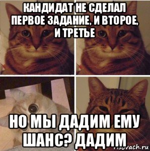 кандидат не сделал первое задание, и второе, и третье но мы дадим ему шанс? дадим