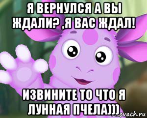 я вернулся а вы ждали? ,я вас ждал! извините то что я лунная пчела)))