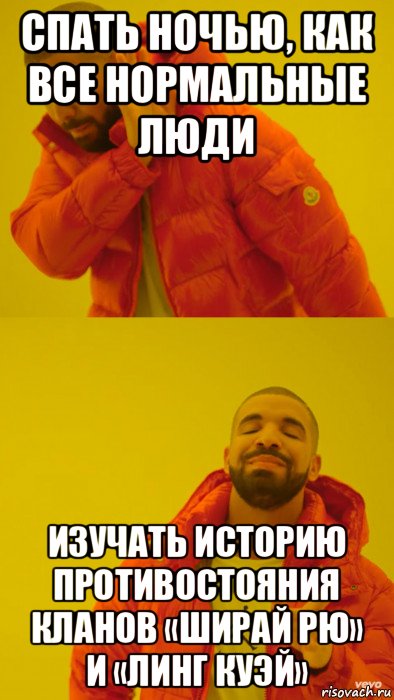 спать ночью, как все нормальные люди изучать историю противостояния кланов «ширай рю» и «линг куэй», Мем Мем Дрейк