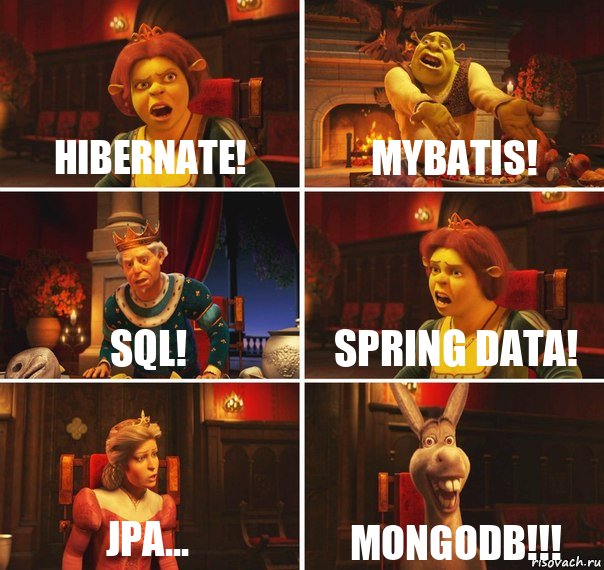 Hibernate! MyBatis! SQL! Spring Data! JPA... MongoDB!!!, Комикс  Шрек Фиона Гарольд Осел
