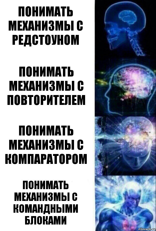 Понимать механизмы с редстоуном Понимать механизмы с повторителем Понимать механизмы с компаратором Понимать механизмы с командными блоками, Комикс  Сверхразум