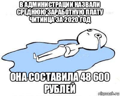 в администрации назвали среднюю заработную плату читинца за 2020 год она составила 48 600 рублей, Мем   человек в луже плачет