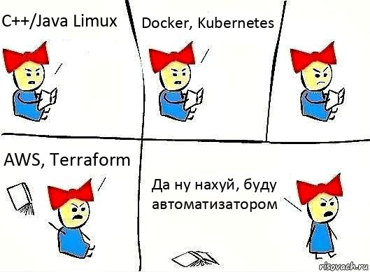 C++/Java Limux Docker, Kubernetes AWS, Terraform Да ну нахуй, буду автоматизатором