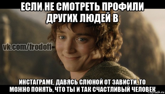 если не смотреть профили других людей в инстаграме, давясь слюной от зависти, то можно понять, что ты и так счастливый человек, Мем  Фродо