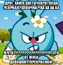 друг: хай!о цветочек?откуда ?сорвал?девочка?!ха ха ха ха я:что???????????!!!!!!!!!!!!!это от моей девушки!!!прекрасной!