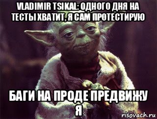 vladimir tsikal: одного дня на тесты хватит, я сам протестирую баги на проде предвижу я, Мем Мудрый Йода