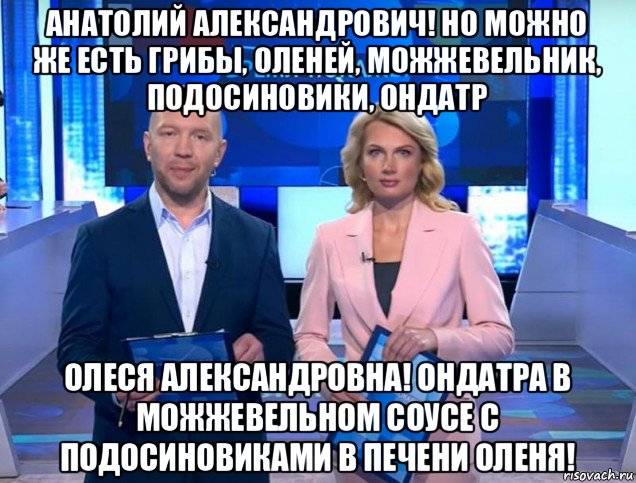 анатолий александрович! но можно же есть грибы, оленей, можжевельник, подосиновики, ондатр олеся александровна! ондатра в можжевельном соусе с подосиновиками в печени оленя!, Мем Олеся Лосева