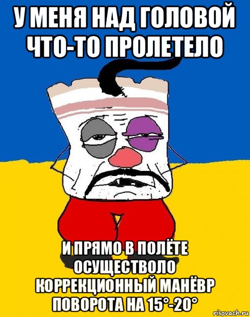 у меня над головой что-то пролетело и прямо в полёте осуществоло коррекционный манёвр поворота на 15°-20°, Мем Западенец - тухлое сало