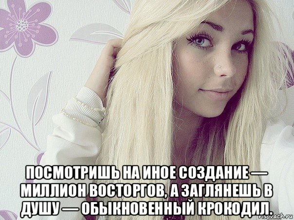  посмотришь на иное создание — миллион восторгов, а заглянешь в душу — обыкновенный крокодил.