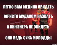 Легко вам медика обидеть Юриста мудаком назвать А инженера не обидеть Они ведь сука молодцы