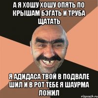 а я хошу хошу опять по крышам бэгать и труба щатать я адидаса твой в подвале шил и в рот тебе я шаурма ложил