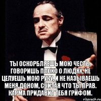 Ты оскорбляешь мою честь, говоришь плохо о людях, не целуешь мою руку, и не называешь меня доном, считая что ты прав. Карма придавит тебя грифом.