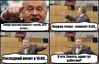 Тимур просматривает такой, GPS отчет... Первая точка - коннект 9:30... Последний визит в 16:00... Я что, блеать, один тут работаю?