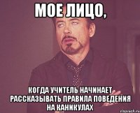 мое лицо, когда учитель начинает рассказывать правила поведения на каникулах