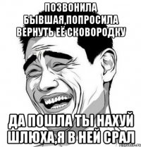 позвонила бывшая,попросила вернуть её сковородку да пошла ты нахуй шлюха,я в ней срал