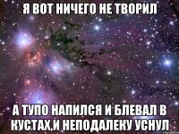 я вот ничего не творил а тупо напился и блевал в кустах,и неподалеку уснул