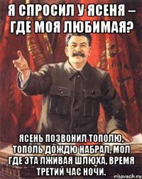 я спросил у ясеня – где моя любимая? ясень позвонил тополю, тополь дождю набрал, мол где эта лживая шлюха, время третий час ночи.