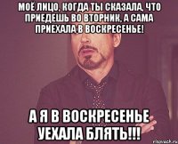 моё лицо, когда ты сказала, что приедешь во вторник, а сама приехала в воскресенье! а я в воскресенье уехала блять!!!