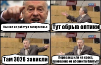 Вышел на работу в воскресенье Тут обрыв оптики Там 3026 зависли Перерасшили на кросс, проверено от абонента блять!!!