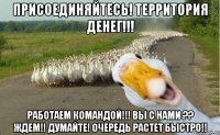 присоединяйтесь! территория денег!!! работаем командой!!! вы с нами ?? ждем!! думайте! очередь растет быстро!!