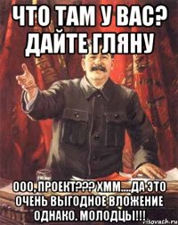 что там у вас? дайте гляну ооо, проект??? хмм....да это очень выгодное вложение однако. молодцы!!!