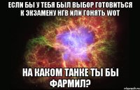 если бы у тебя был выбор готовиться к экзамену нгв или гонять wot на каком танке ты бы фармил?