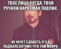 твое лицо когда, твой ручной наркоман павлик, не хочет сдавать егэ в падвале,потому-что там мокро