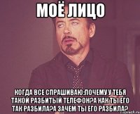 моё лицо когда все спрашиваю:почему у тебя такой разбитый телефон?а как ты его так разбила?а зачем ты его разбила?