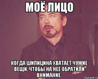 моё лицо когда шипицина хватает чужие вещи, чтобы на неё обратили внимание.