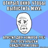 открыл окно, чтобы выпустить муху. впустил двух комаров, трех пчел, осу, крысу и свидетеля иеговы!