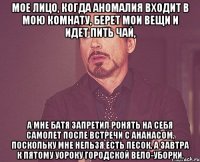 мое лицо, когда аномалия входит в мою комнату, берет мои вещи и идет пить чай, а мне батя запретил ронять на себя самолет после встречи с ананасом, поскольку мне нельзя есть песок, а завтра к пятому уороку городской вело-уборки.