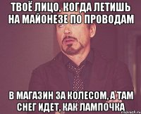 твоё лицо, когда летишь на майонезе по проводам в магазин за колесом, а там снег идет, как лампочка