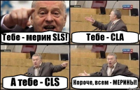 Тебе - мерин SLS! Тебе - CLA А тебе - CLS Короче, всем - МЕРИНЫ!