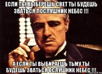 если ты выберешь свет ты будешь зваться послушник небес !!! а если ты выбираешь тьму ты будешь зваться ослушник небес !!!