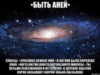 •быть аней• плюсы: +красивое,нежное имя +в англии была королева анна +нюта,нютик,анюта,анечка,анита минусы: -ты весьма психованная и истерична -в деревне обычно коров называют нюрой -анька-обезьянка