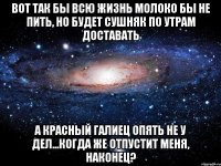 вот так бы всю жизнь молоко бы не пить, но будет сушняк по утрам доставать а красный галиец опять не у дел...когда же отпустит меня, наконец?